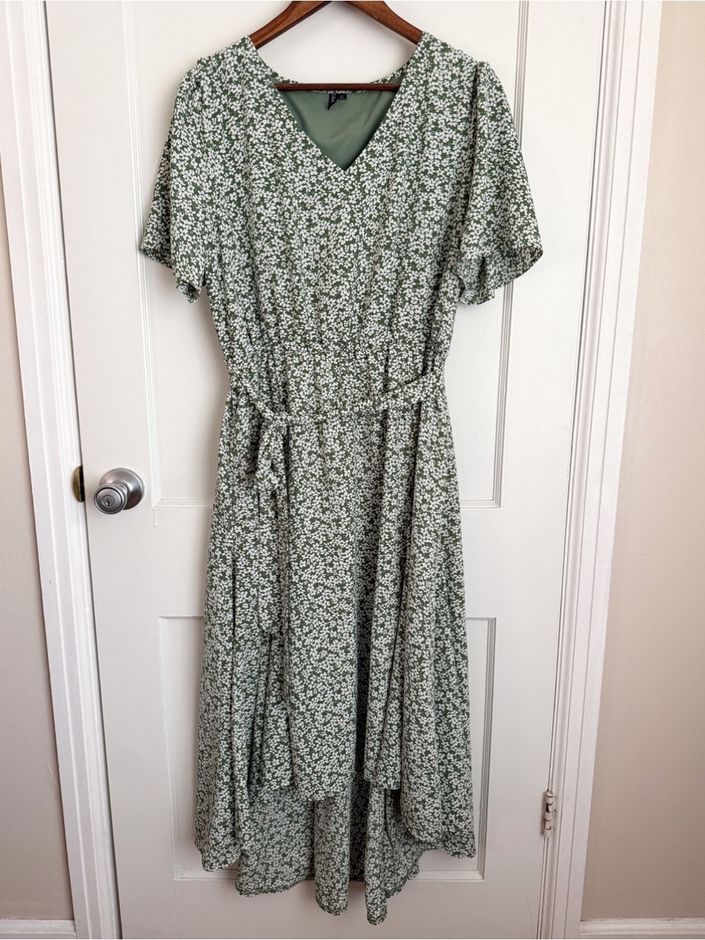 Green Floral High-Low Wrap-Style Dress